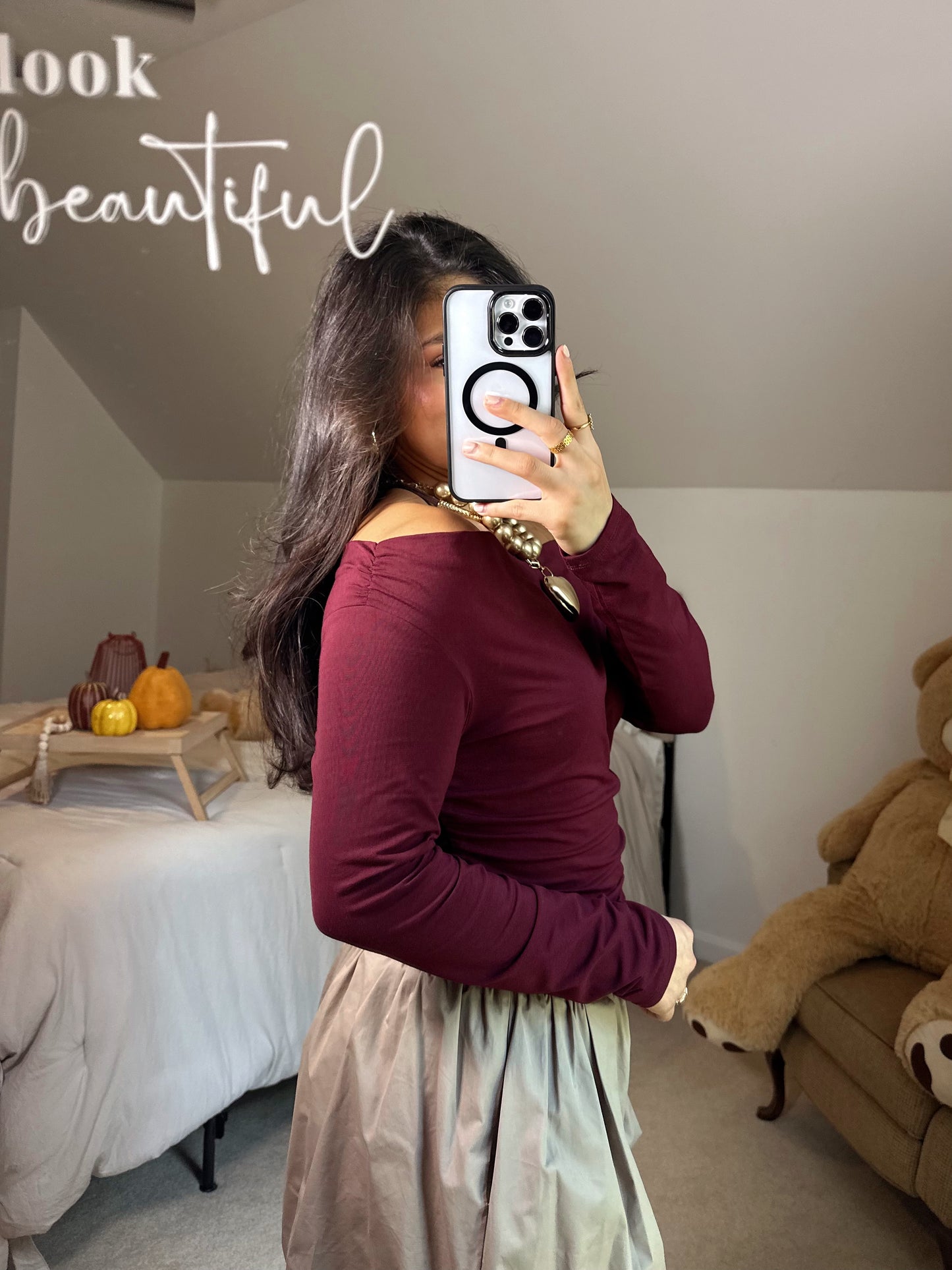 Burgundy Off-Shoulder Ruched Top