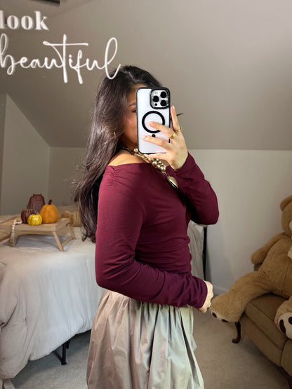 Burgundy Off-Shoulder Ruched Top