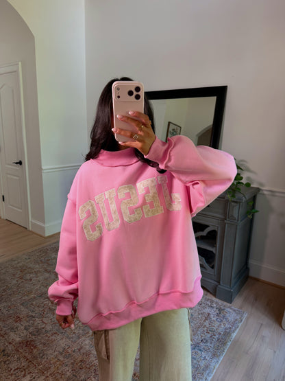 ‘JESUS’ Camo Embroidered Pink Mockneck