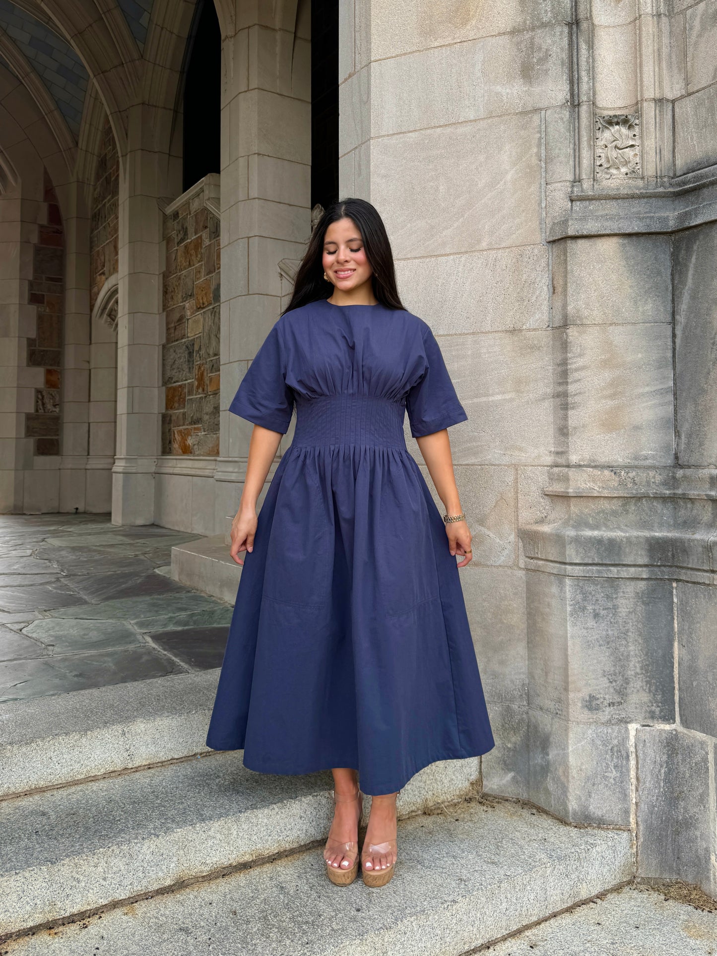 Navy Pleated Dress