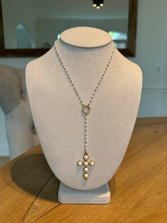 Cross Pearl Drop Necklace (Water Resistant)