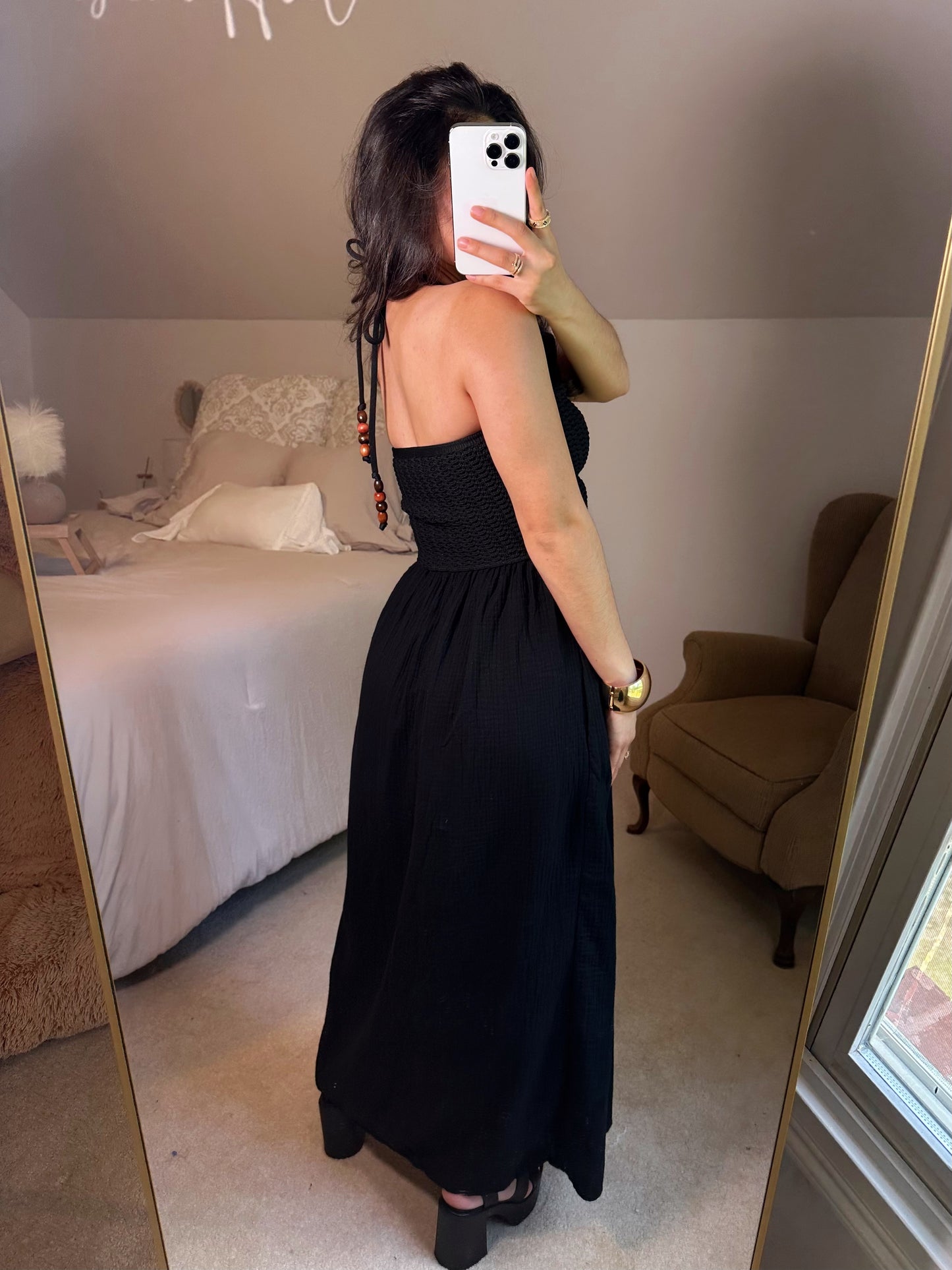 Vacation Black Halter Crochet Maxi Dress
