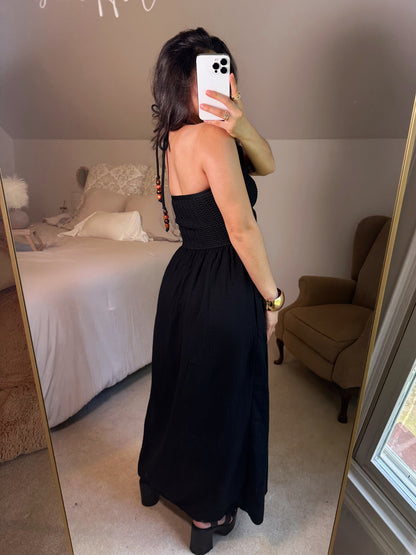 Vacation Black Halter Crochet Maxi Dress