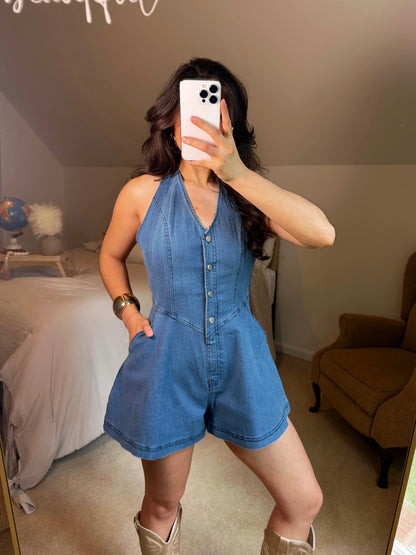 Girly Halter Open Back Denim Romper