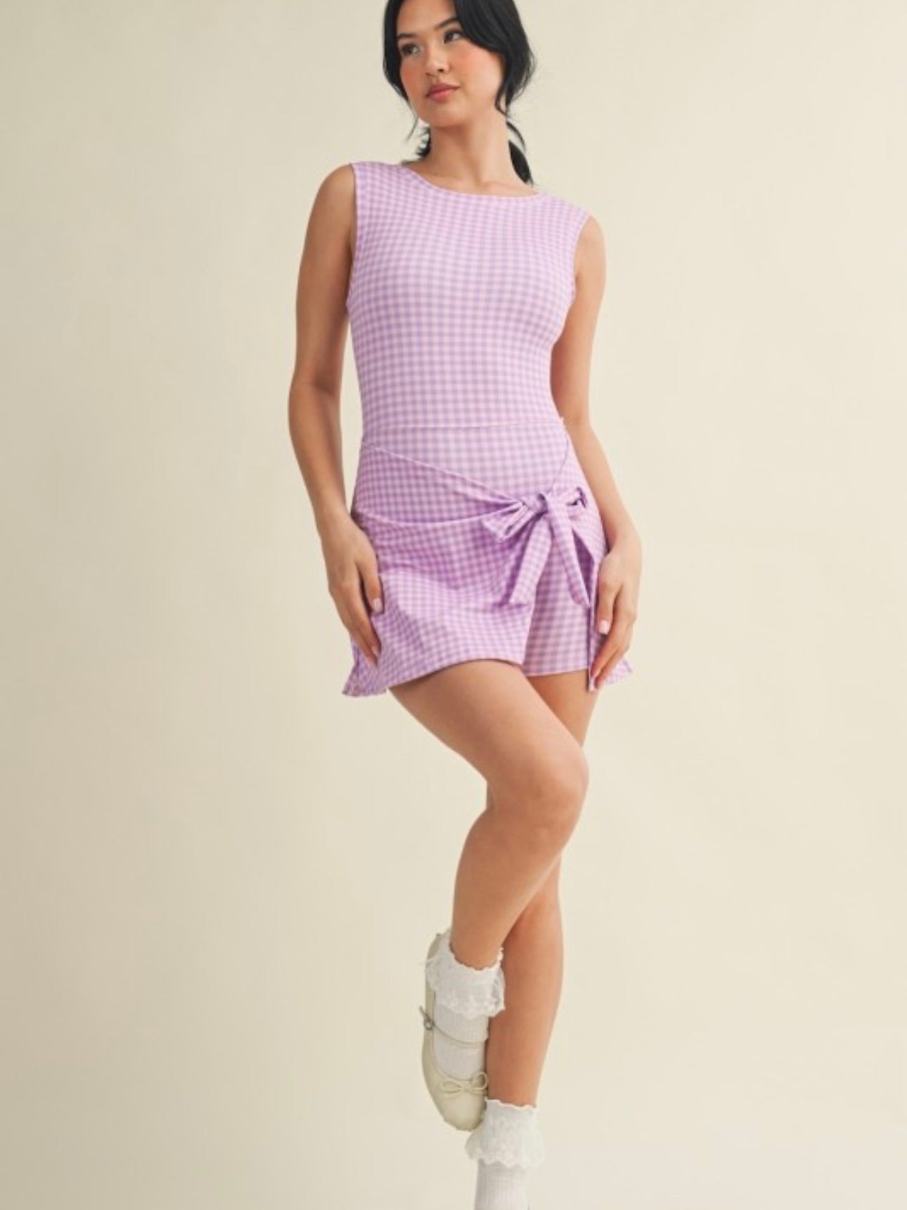Purple Gingham Wrap Active Romper Dress