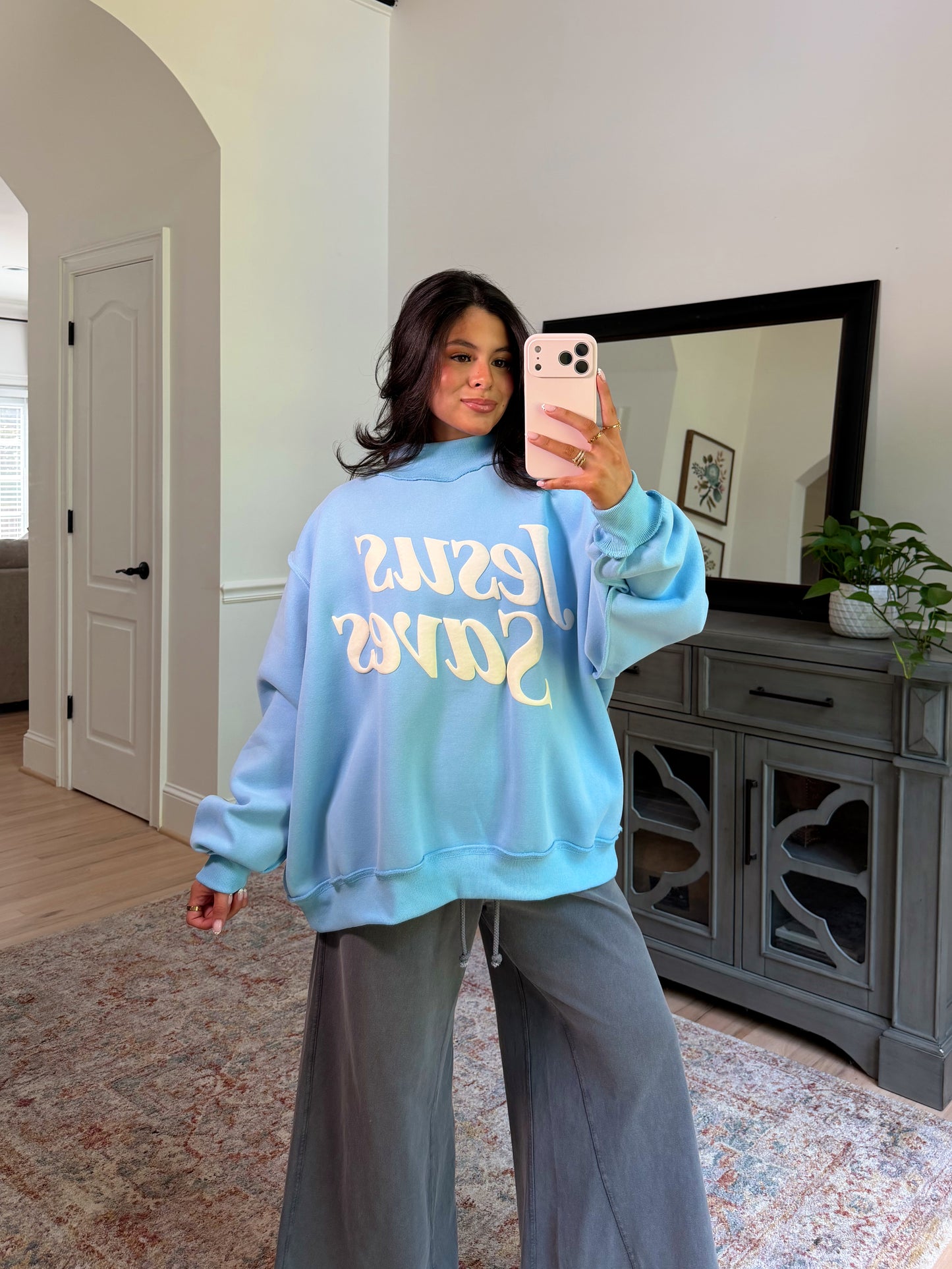 ‘Jesus Saves’ Puff Blue Mockneck