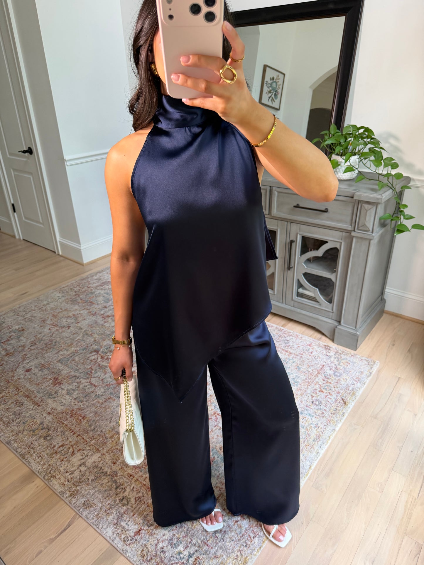 The Hamptons Navy Satin Top & Pant Set