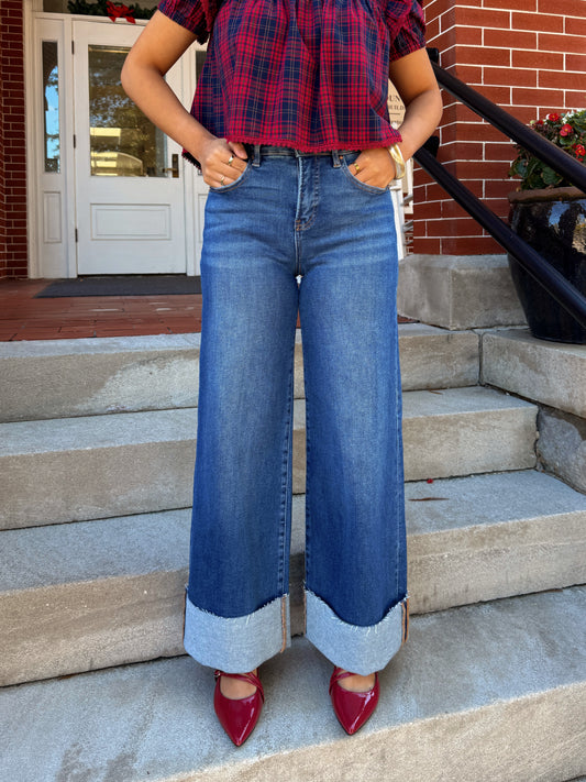 Dark Denim Wide Leg Cuffed Jeans
