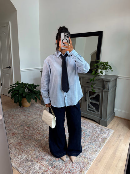 Power & Poise Pinstripe Blouse W/ Tie