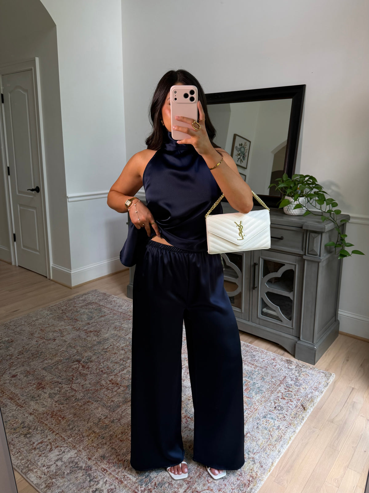 The Hamptons Navy Satin Top & Pant Set