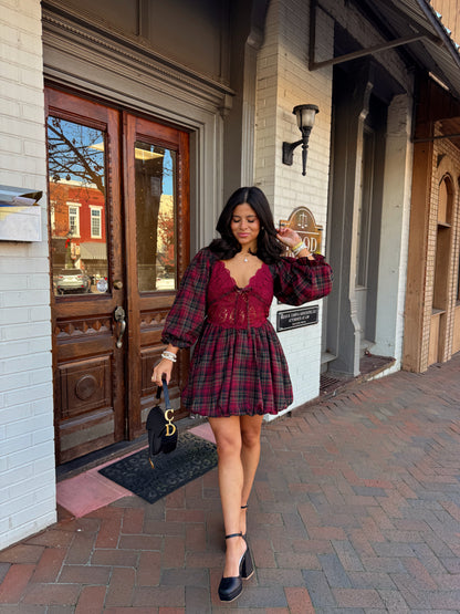 The Blackberry Lace Plaid Mini Dress