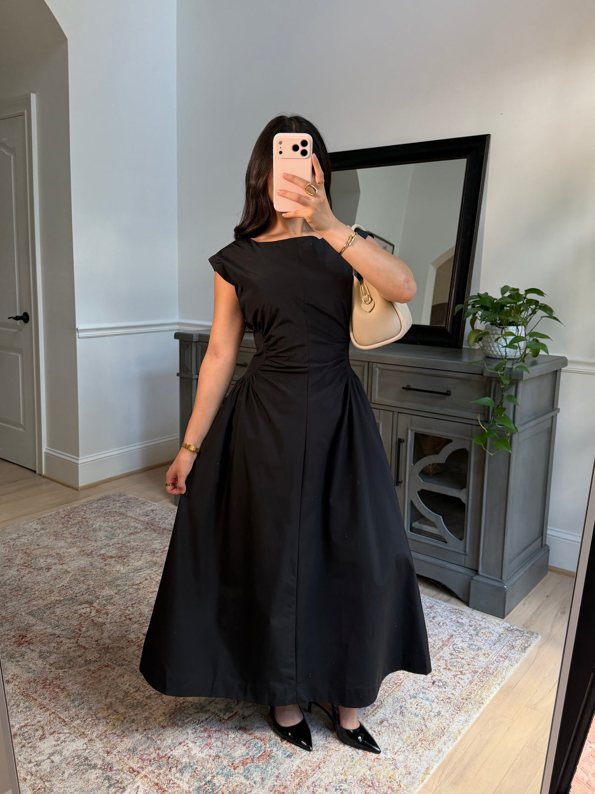 Black Magnolia Pleated Midi Dress