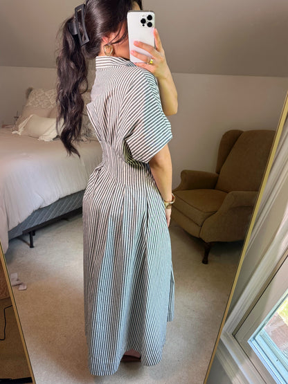 Black & White Striped Pleated Maxi Button Up Dress