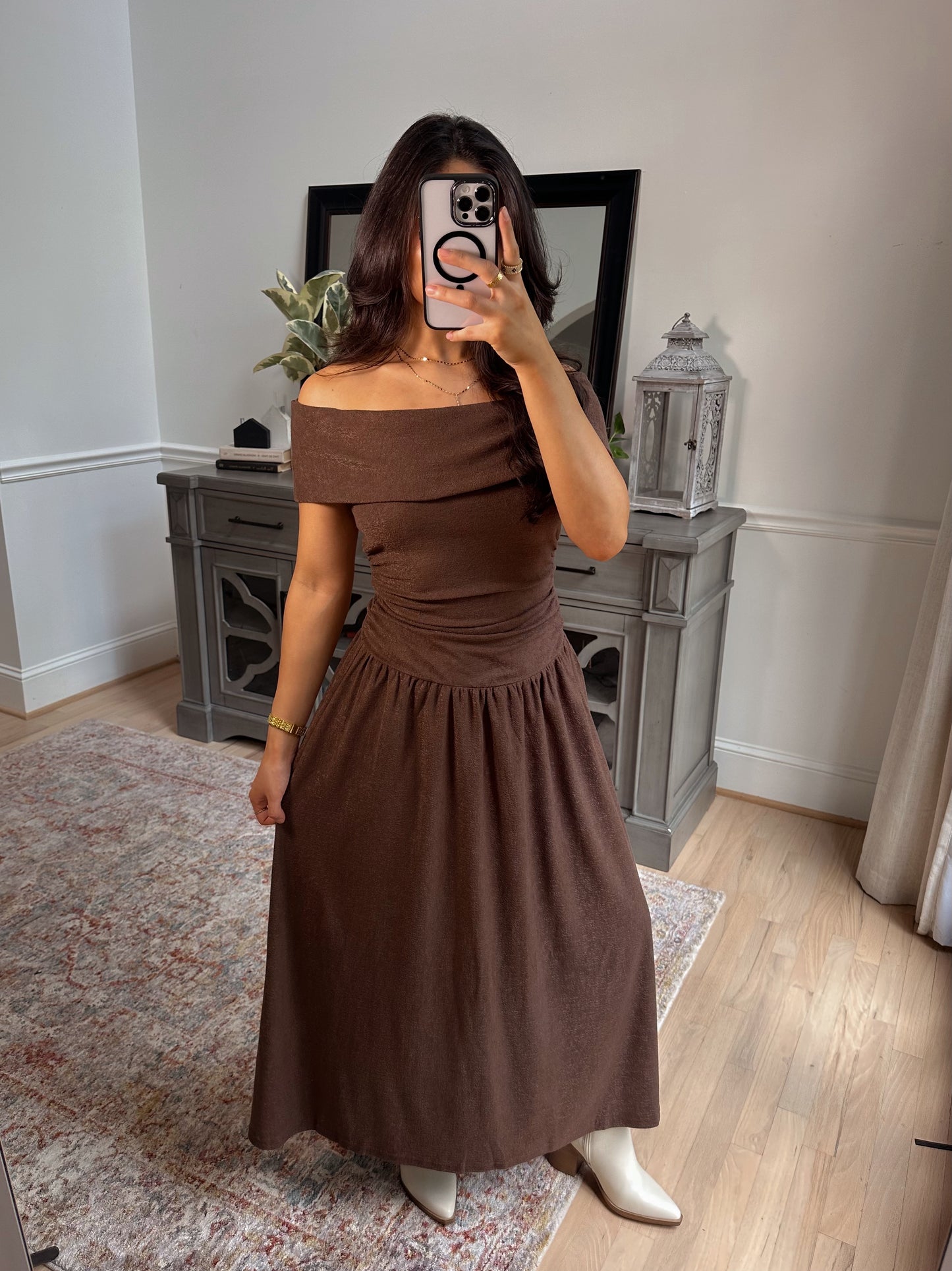 Oakwood Off-Shoulder Drop Waist Dress