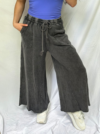 Washed Black Cropped Wide Leg Pants