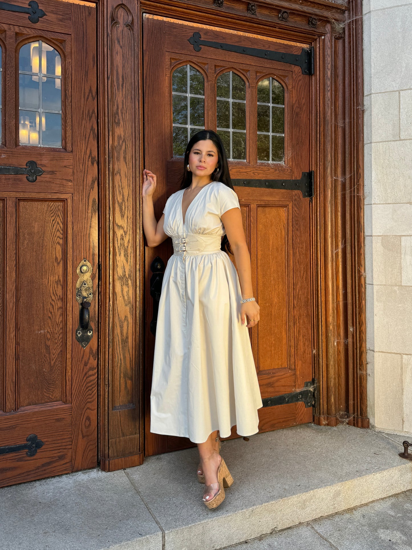 Beige Belted Buckle Dress