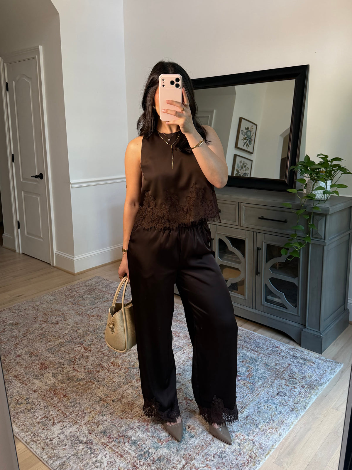 Espresso Brown Satin Top & Pants Set