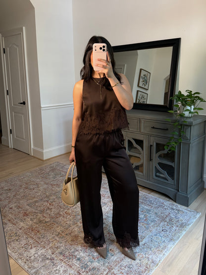 Espresso Brown Satin Top & Pants Set