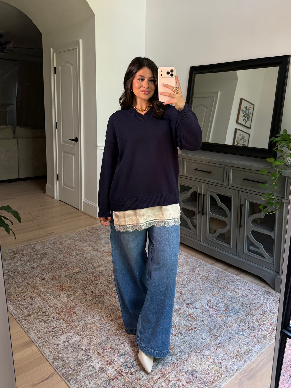 Navy Lace Trim Sweater