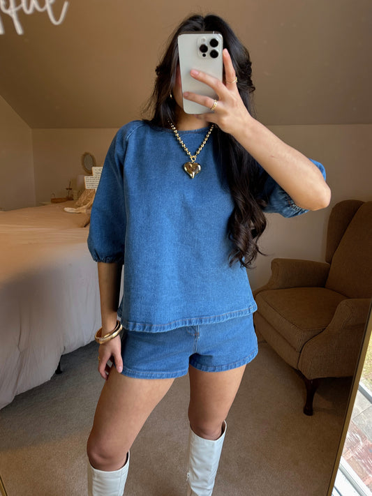 Denim Puff Sleeve Top & Shorts Set