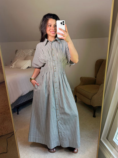 Black & White Striped Pleated Maxi Button Up Dress