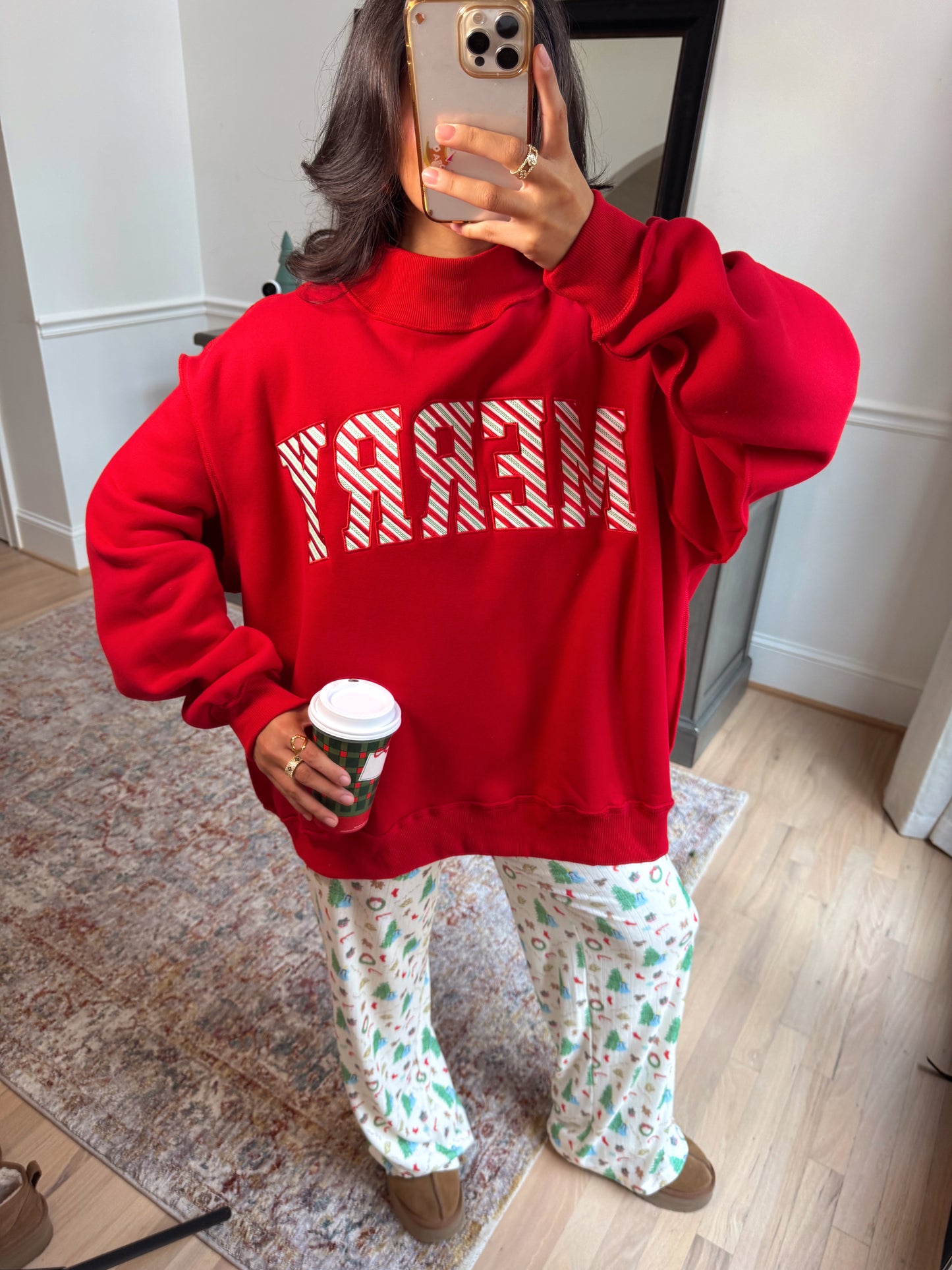 Red Candy Cane 'Merry' Embroidered Mockneck