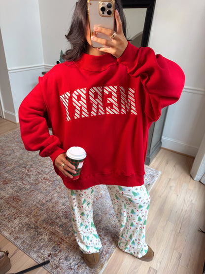 Red Candy Cane 'Merry' Embroidered Mockneck