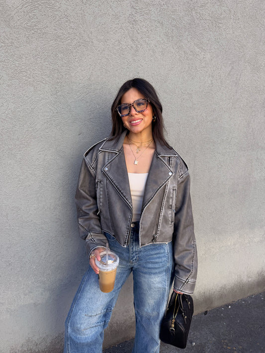 Washed Grey Biker Jacket