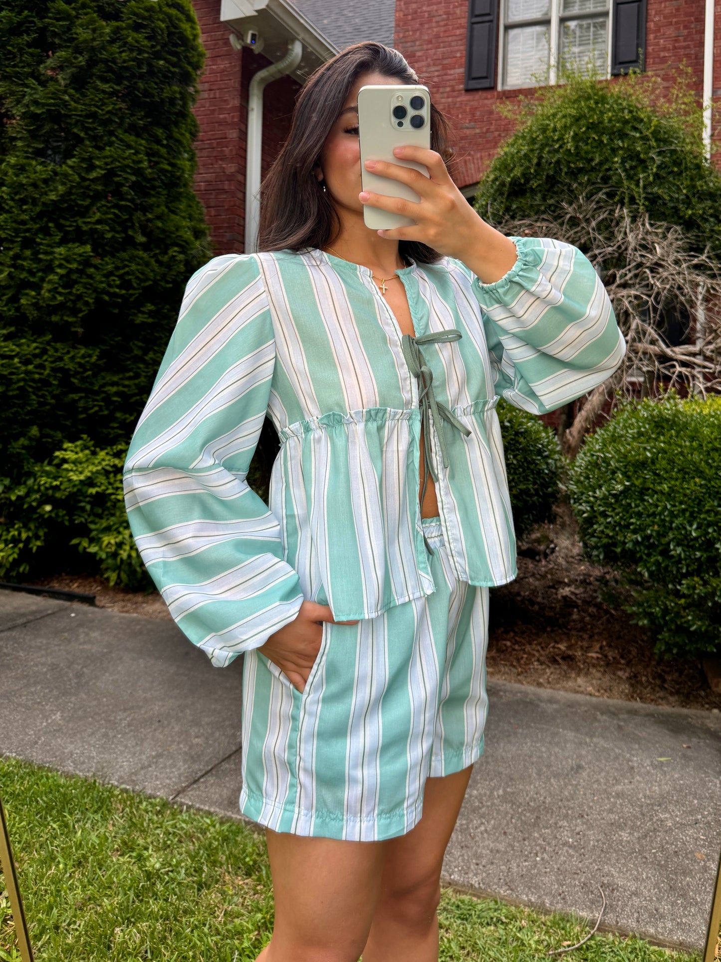 Sage Green Striped Open Front Top & Shorts Set