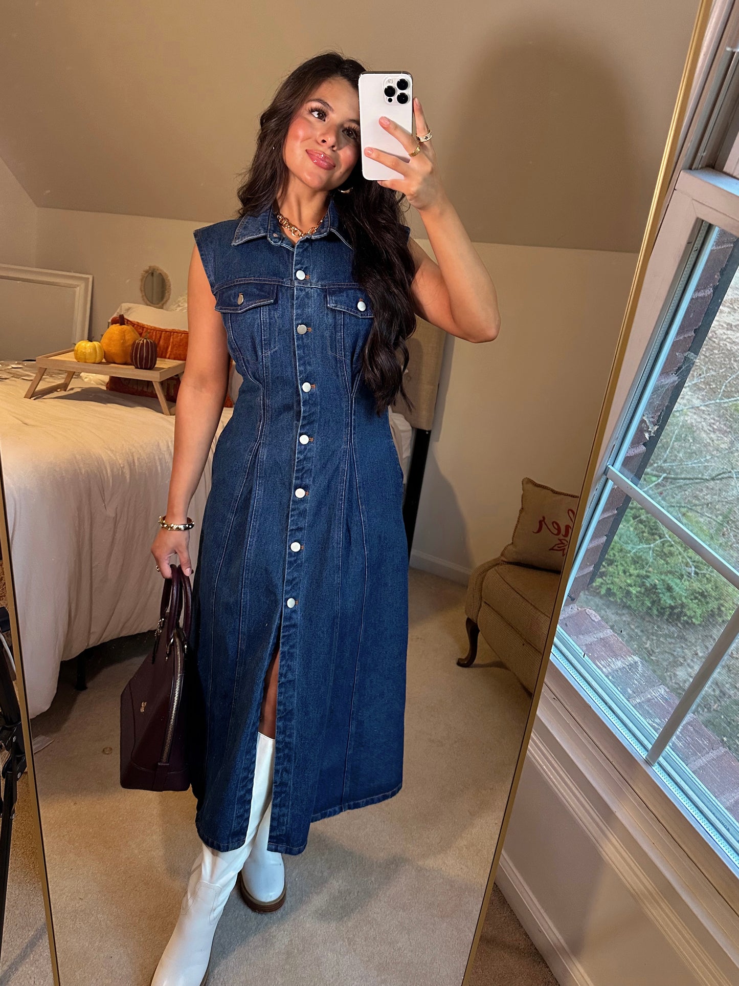 Denim Pleated Button-Up Dress