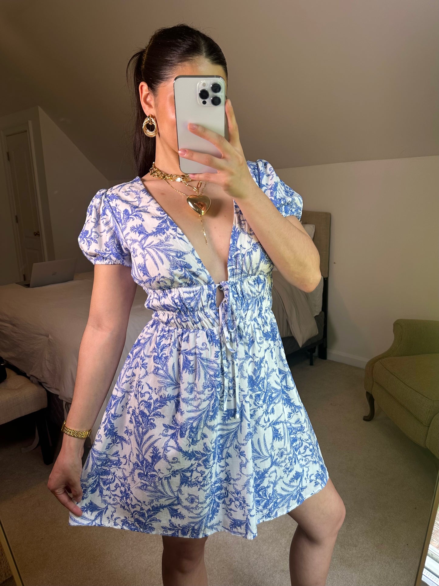 Blue Vines Plunge Neckline Mini Dress