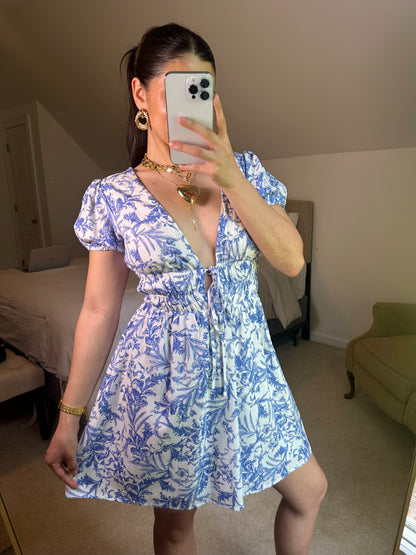 Blue Vines Plunge Neckline Mini Dress