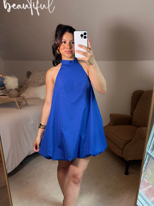 Blue Halter Neck Open Back Bubble Dress