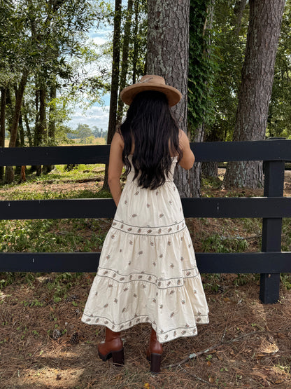 Beige Floral Embroidered Strapless Dress