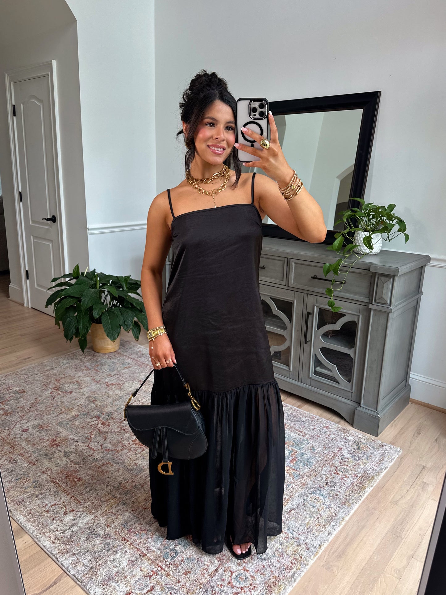 Statement Satin Chiffon Maxi Dress (Black)