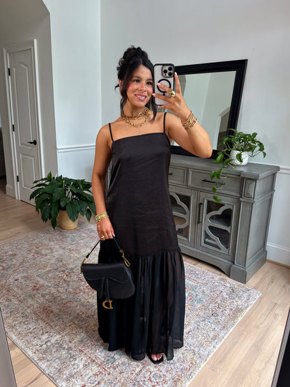 Statement Satin Chiffon Maxi Dress (Black)