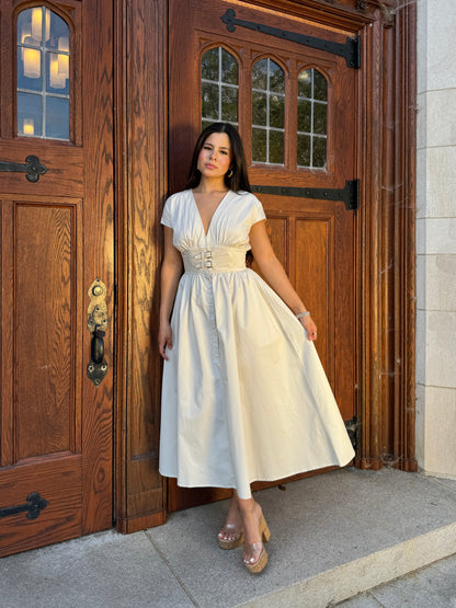 Beige Belted Buckle Dress