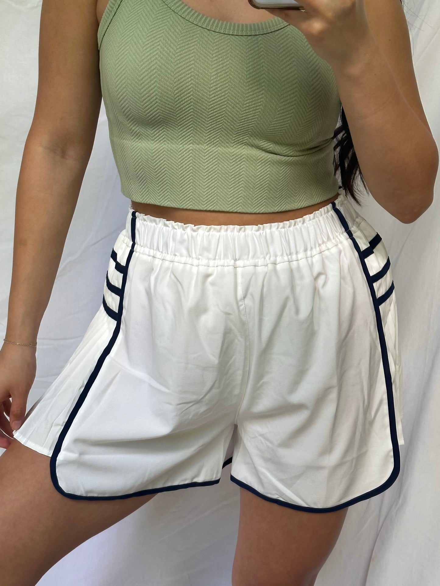 White & Navy Side Ruffle Shorts