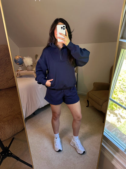 Navy Quarter Zip Sweater and Shorts Set