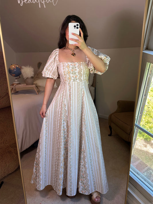 Peach Florals Puff Sleeve Maxi Dress