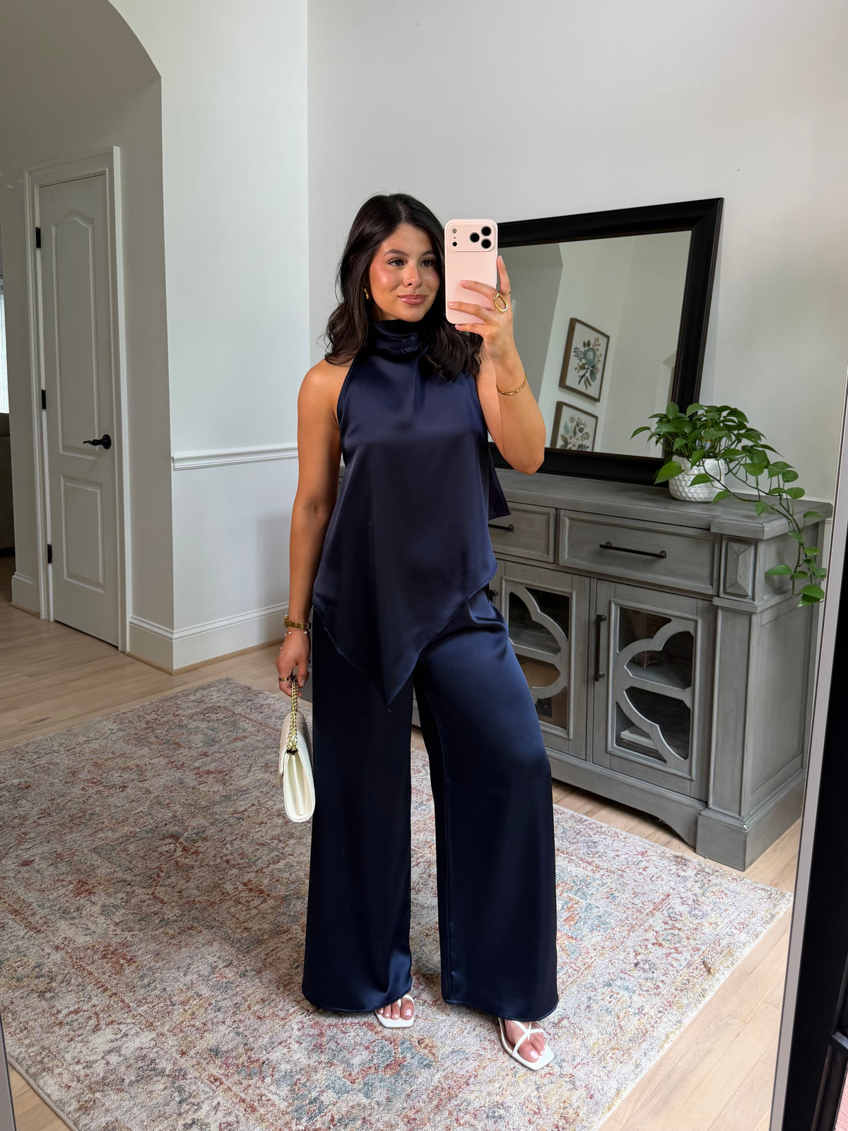 The Hamptons Navy Satin Top & Pant Set