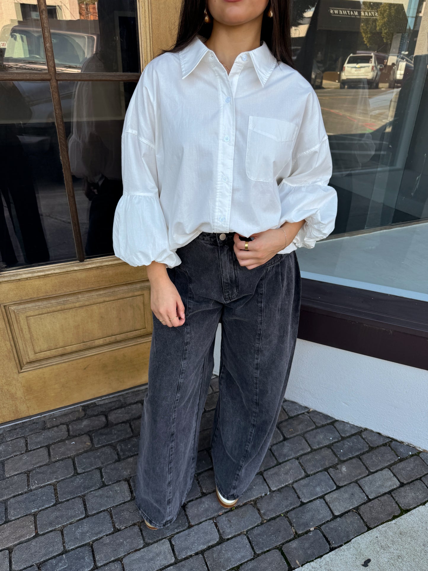 White Bubble Hem Button-Up Top