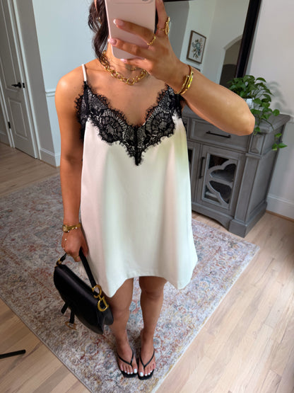 Sweet Escape Pleather Lace Dress (White/Black)