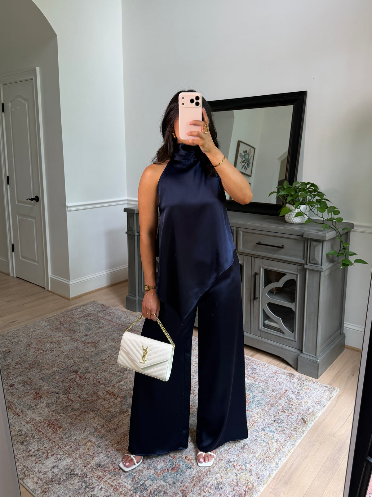 The Hamptons Navy Satin Top & Pant Set