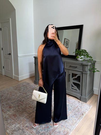 The Hamptons Navy Satin Top & Pant Set