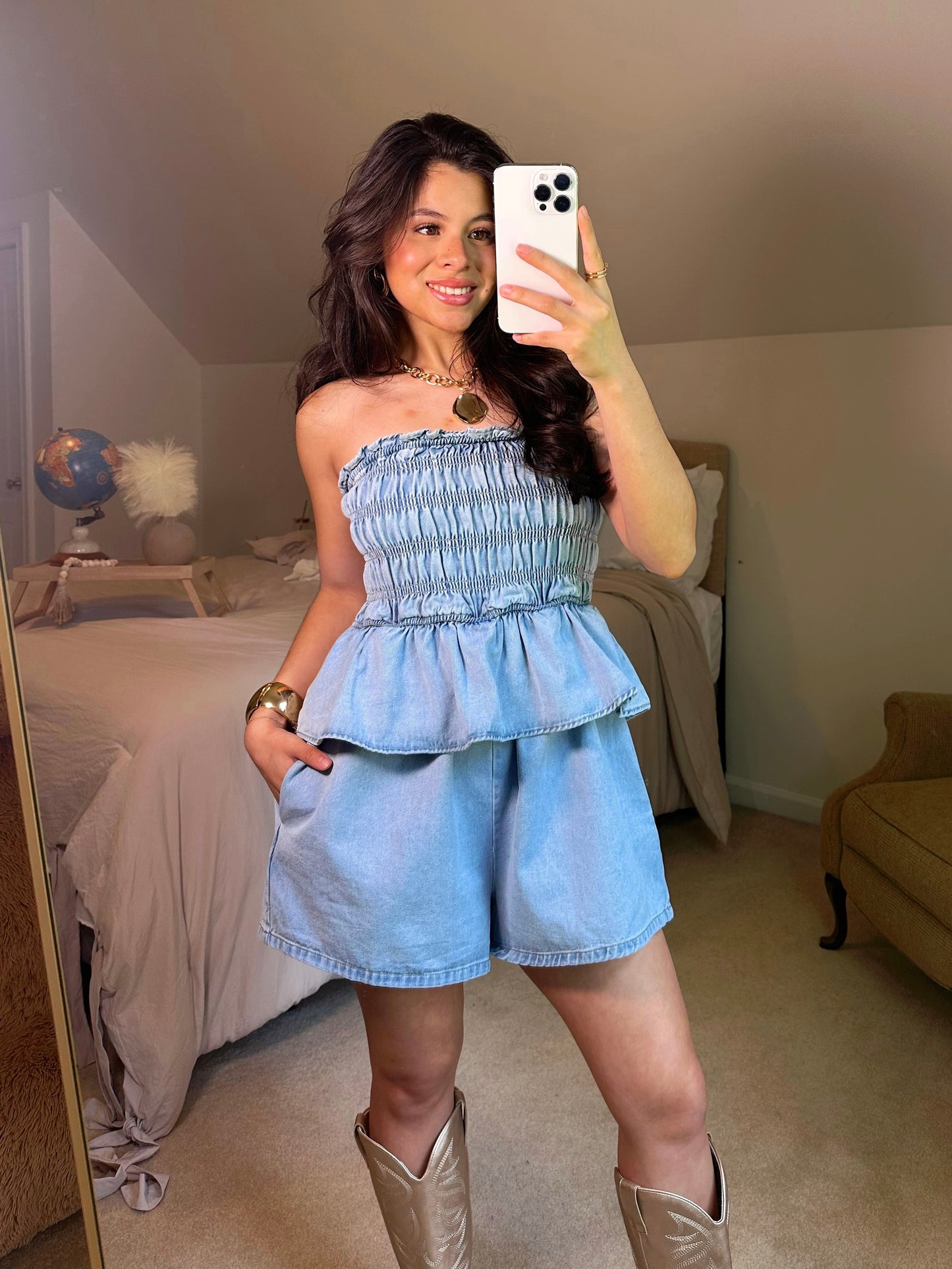Denim Smocked Strapless Romper