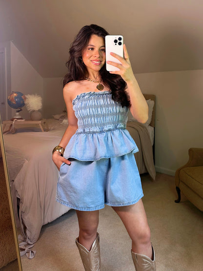 Denim Smocked Strapless Romper