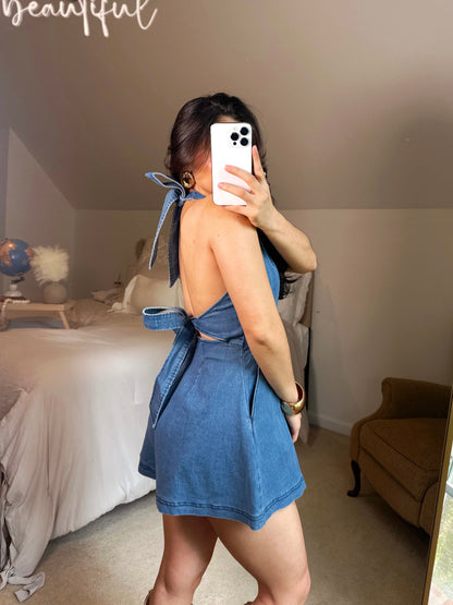 Girly Halter Open Back Denim Romper