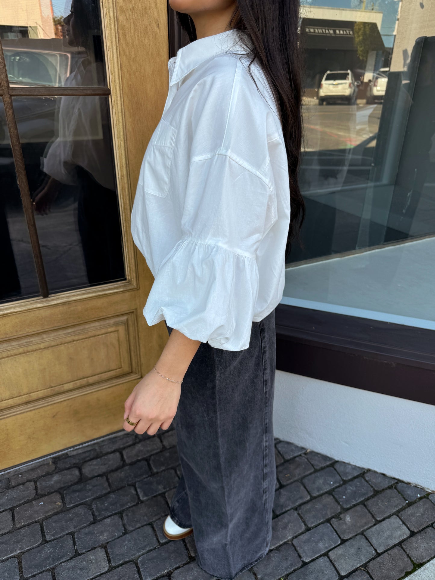 White Bubble Hem Button-Up Top