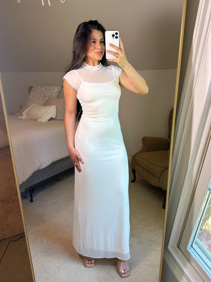 White Mockneck Mesh Maxi Dress